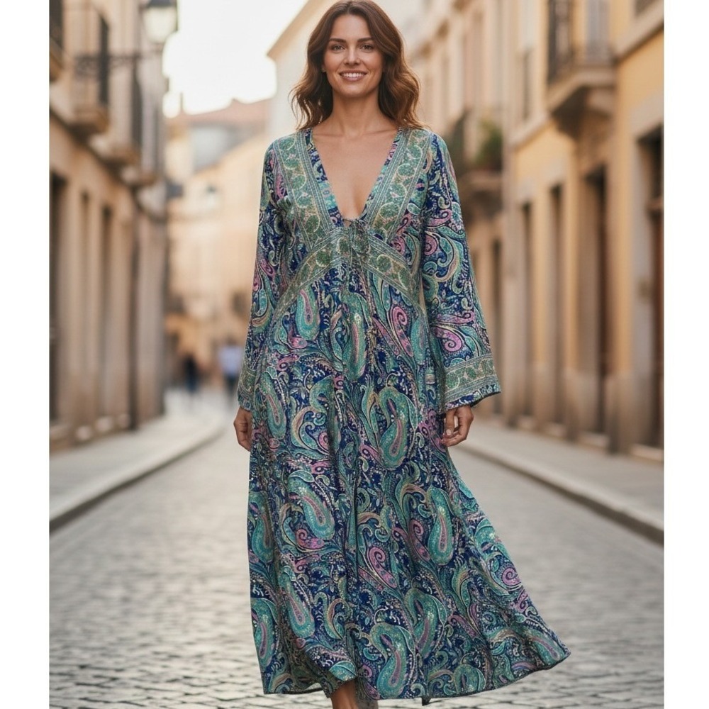 Sacred Threads OS Paisley Maxi Dress Blue Pink Boho Bell Sleeve V-Neck #12V